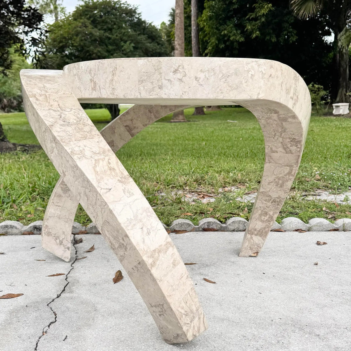 Postmodern Maitland Smith Style Sculpted Circular Polished Tessellated Stone Side Table - Dolphin & Flamingo