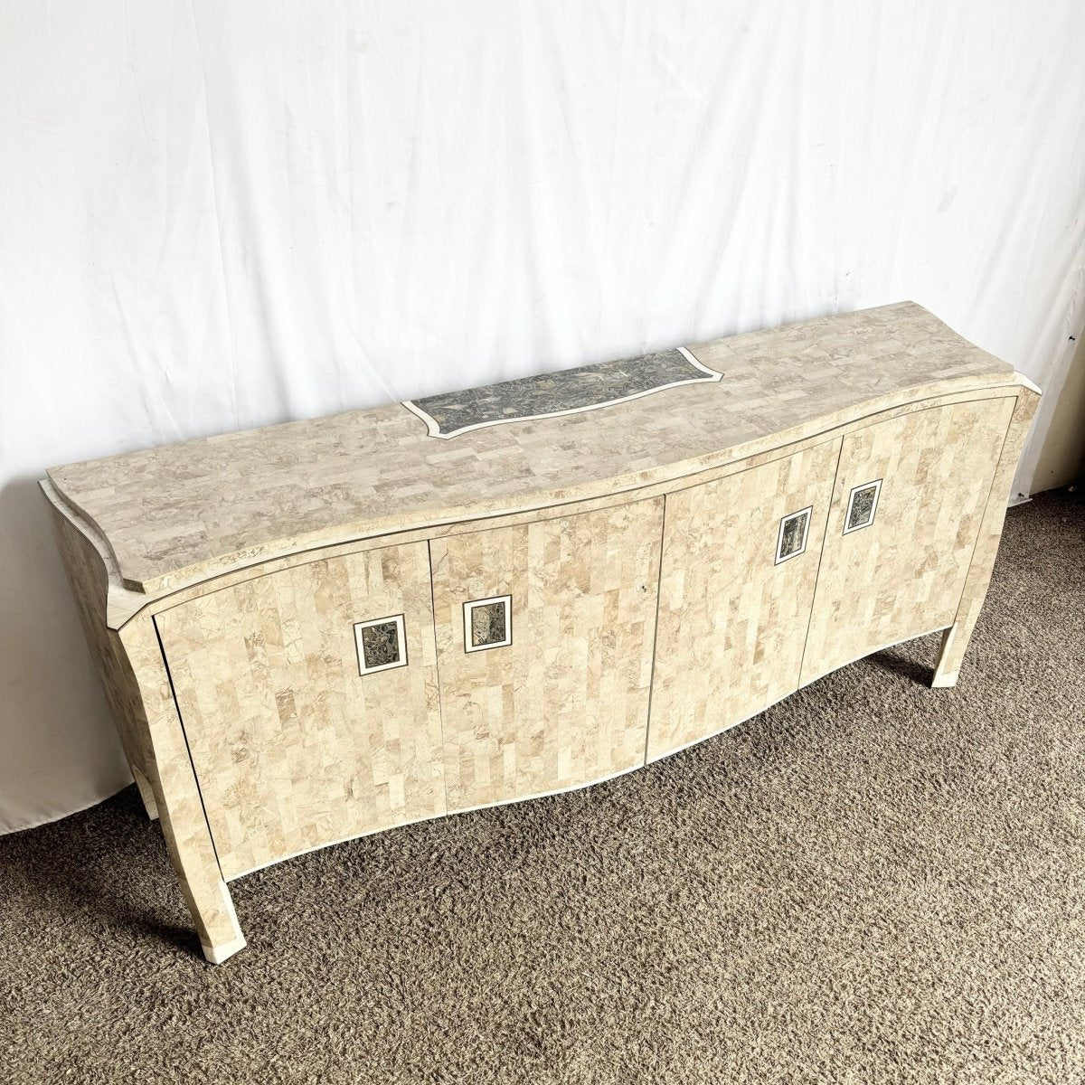 Postmodern Maitland Smith Style Tessellated Stone Credenza With Brass Inlay - Dolphin & Flamingo