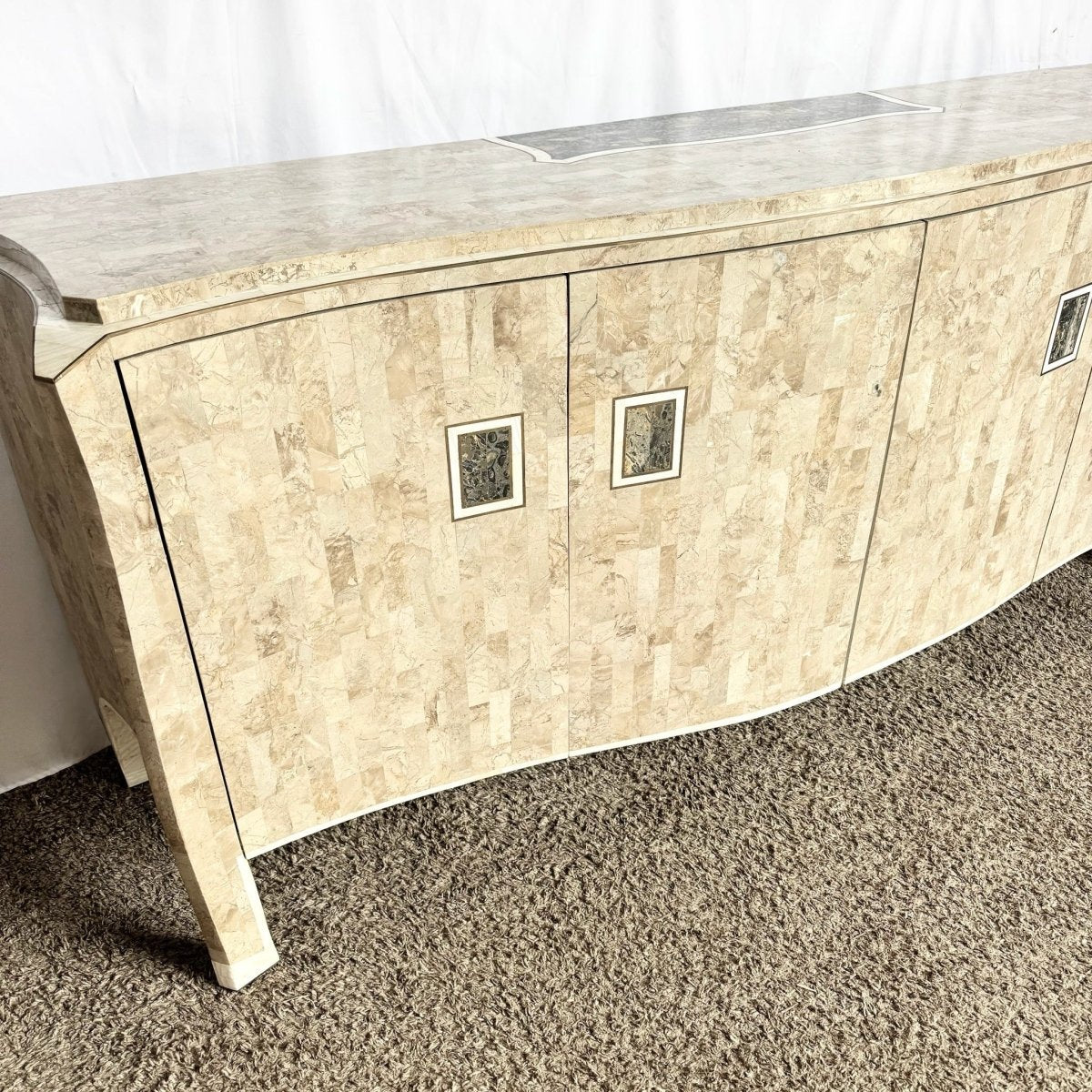 Postmodern Maitland Smith Style Tessellated Stone Credenza With Brass Inlay - Dolphin & Flamingo
