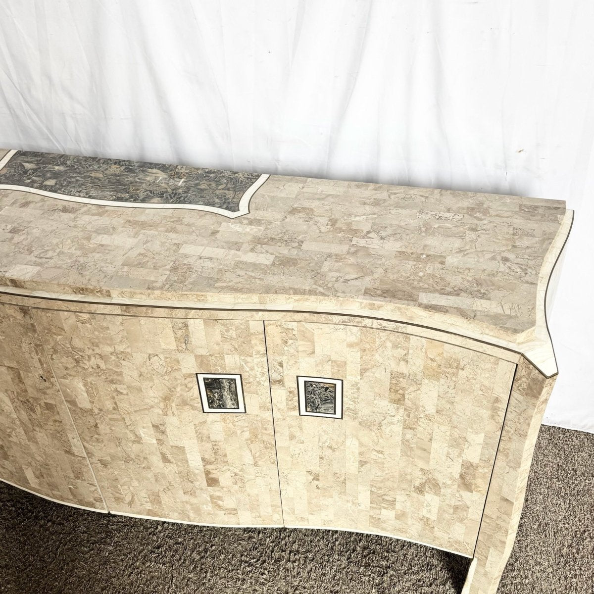 Postmodern Maitland Smith Style Tessellated Stone Credenza With Brass Inlay - Dolphin & Flamingo