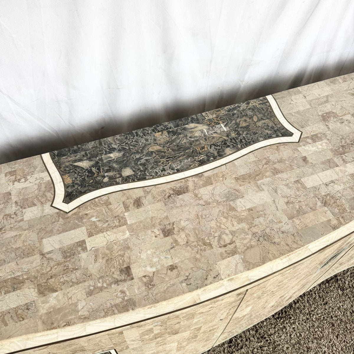 Postmodern Maitland Smith Style Tessellated Stone Credenza With Brass Inlay - Dolphin & Flamingo