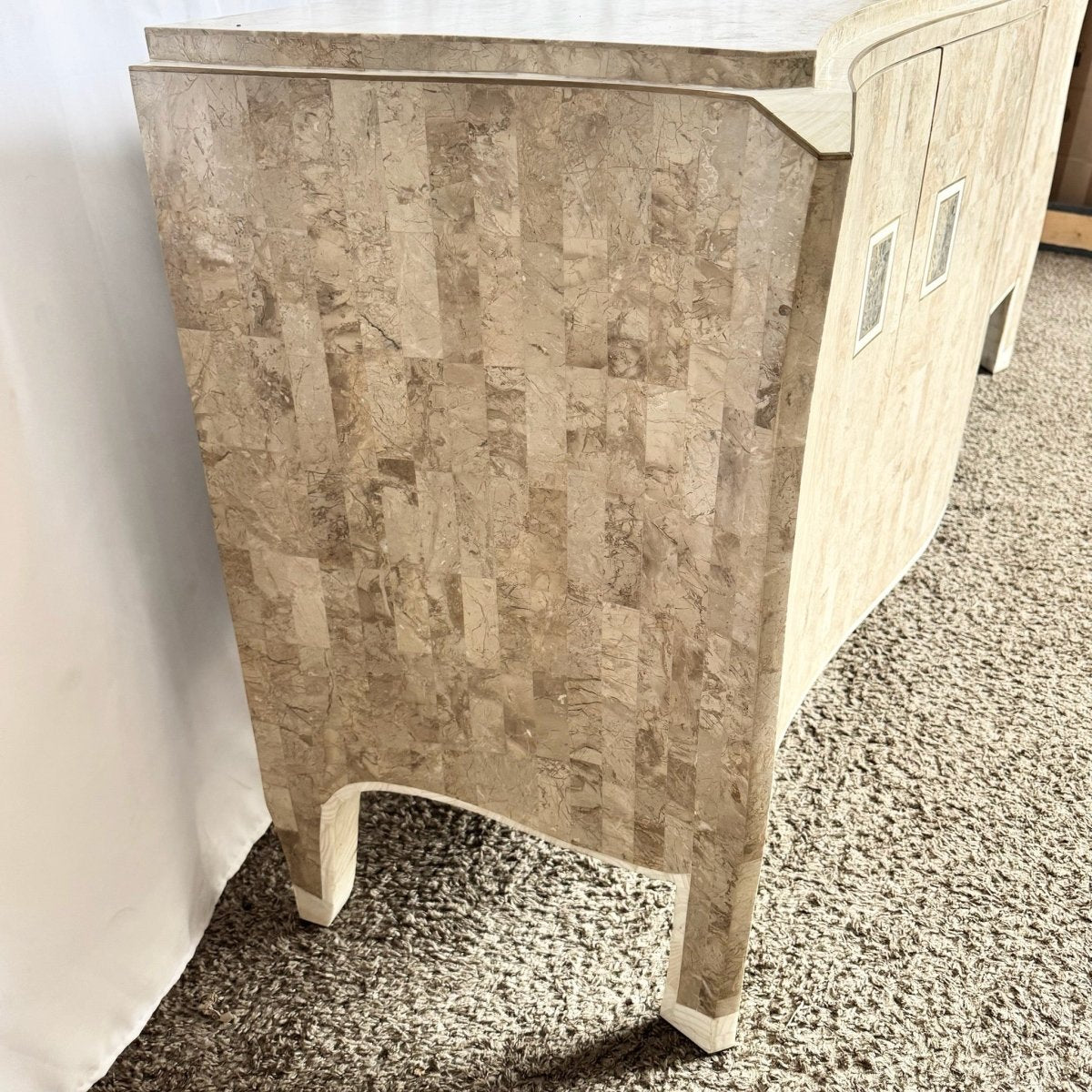 Postmodern Maitland Smith Style Tessellated Stone Credenza With Brass Inlay - Dolphin & Flamingo