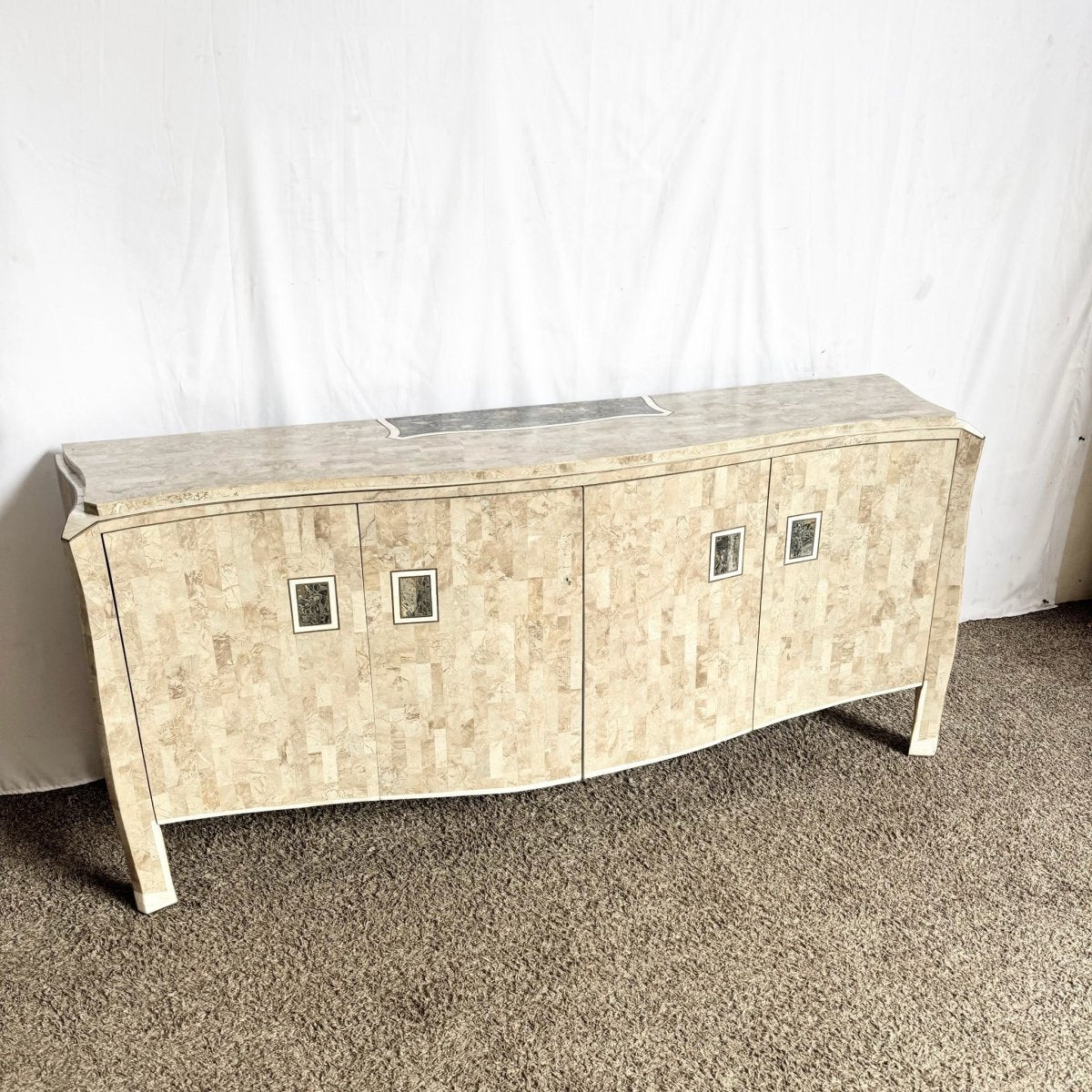 Postmodern Maitland Smith Style Tessellated Stone Credenza With Brass Inlay - Dolphin & Flamingo
