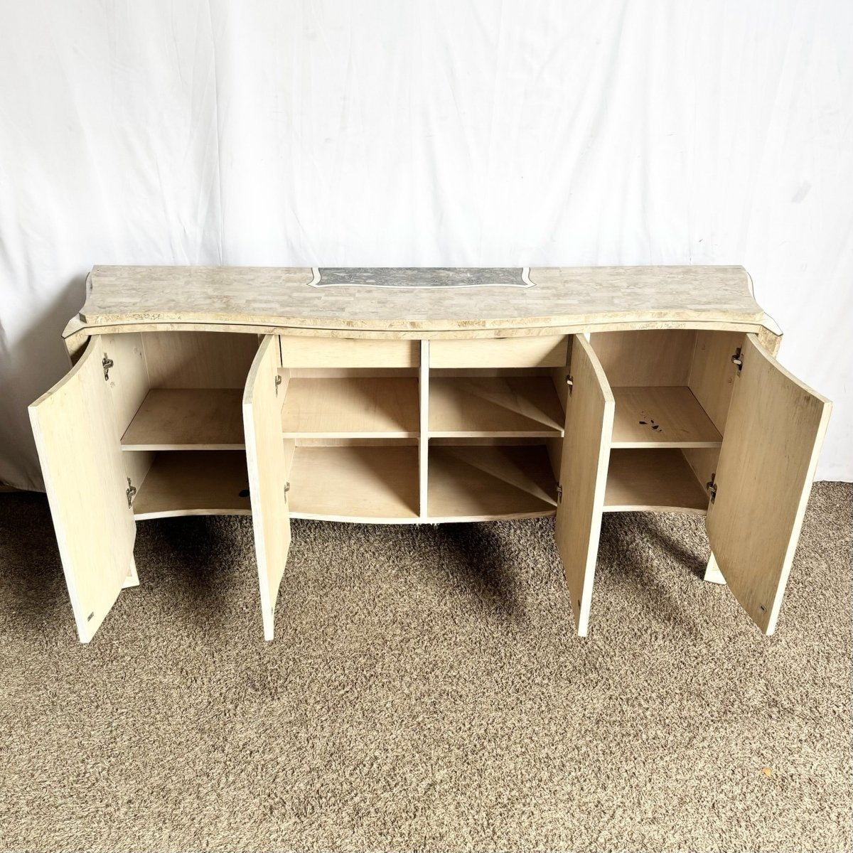 Postmodern Maitland Smith Style Tessellated Stone Credenza With Brass Inlay - Dolphin & Flamingo