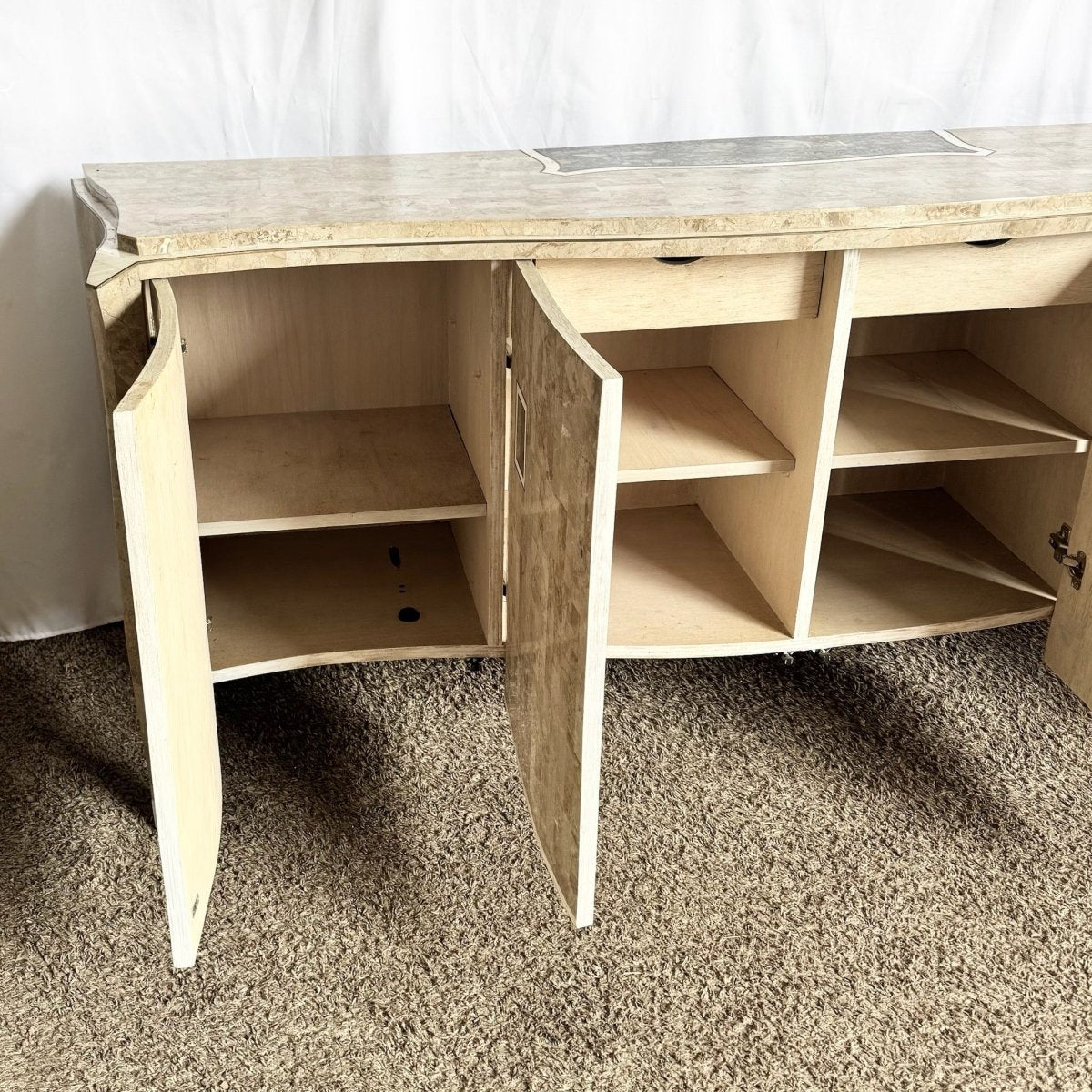 Postmodern Maitland Smith Style Tessellated Stone Credenza With Brass Inlay - Dolphin & Flamingo