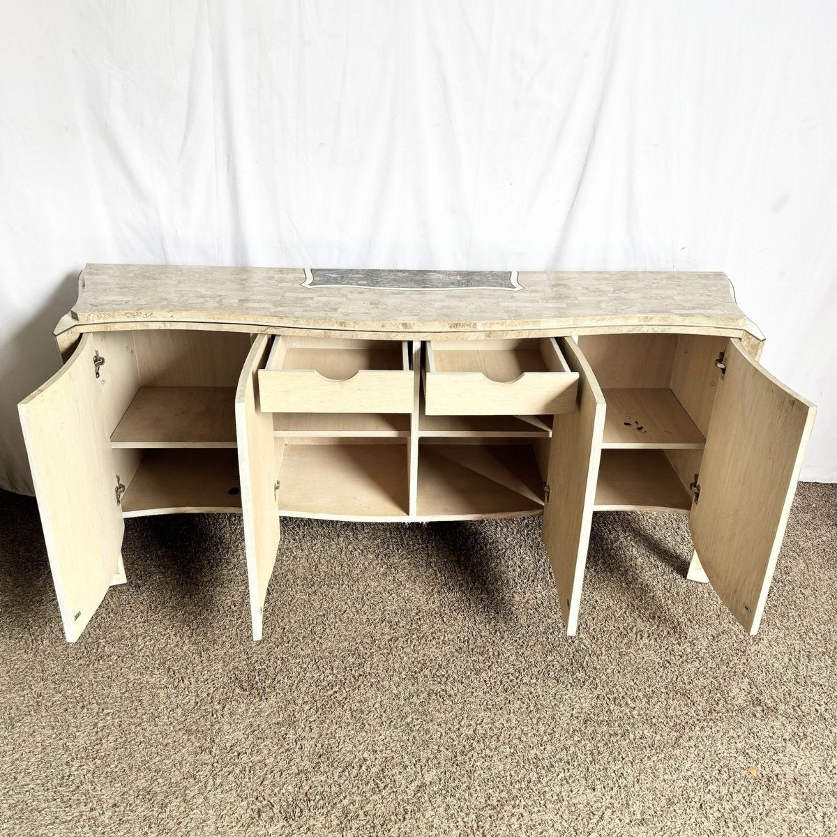 Postmodern Maitland Smith Style Tessellated Stone Credenza With Brass Inlay - Dolphin & Flamingo