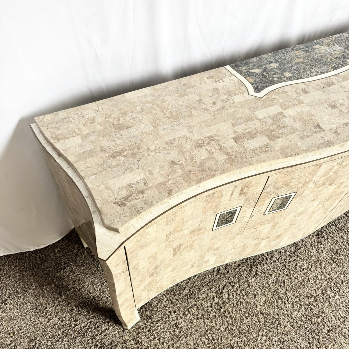 Postmodern Maitland Smith Style Tessellated Stone Credenza With Brass Inlay - Dolphin & Flamingo