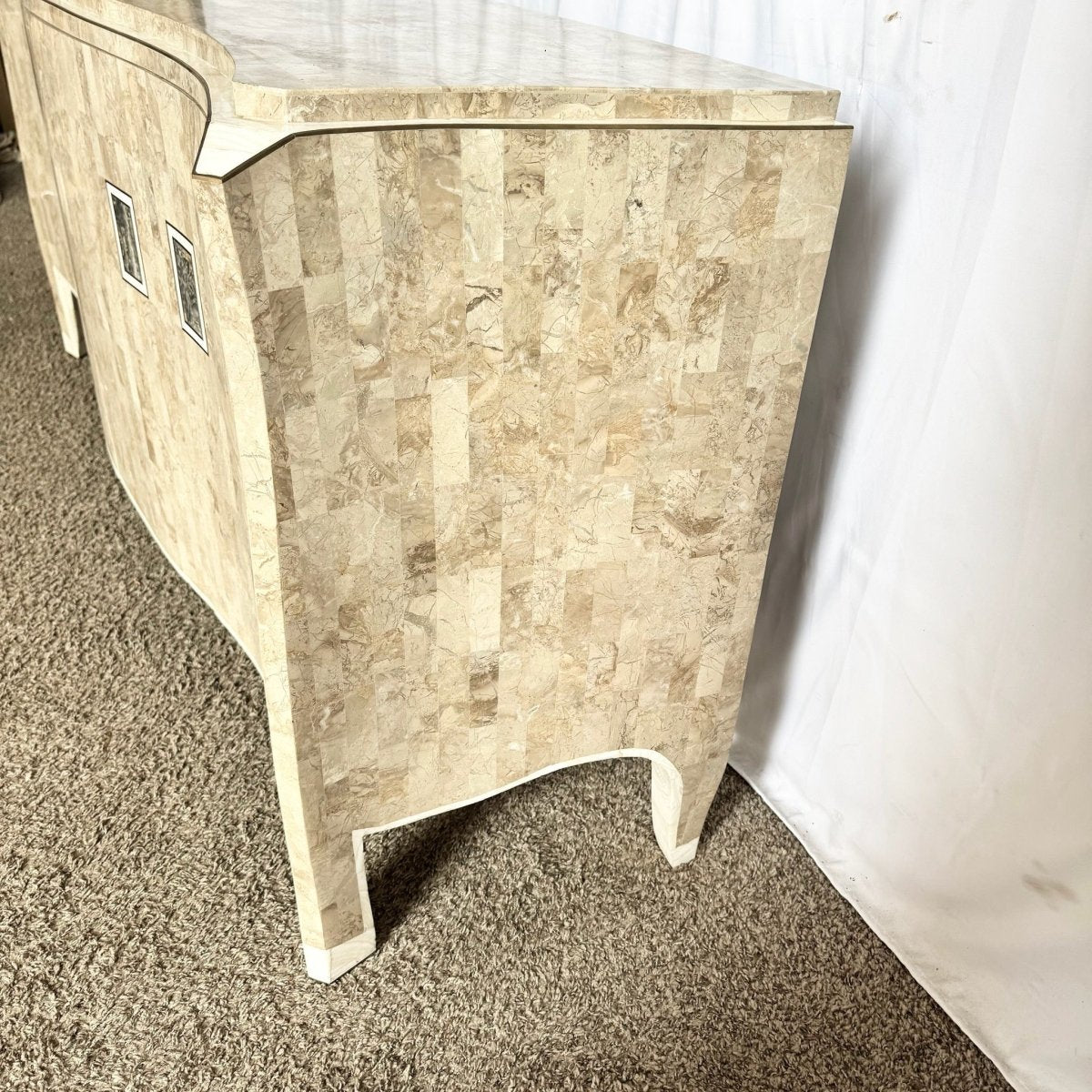 Postmodern Maitland Smith Style Tessellated Stone Credenza With Brass Inlay - Dolphin & Flamingo