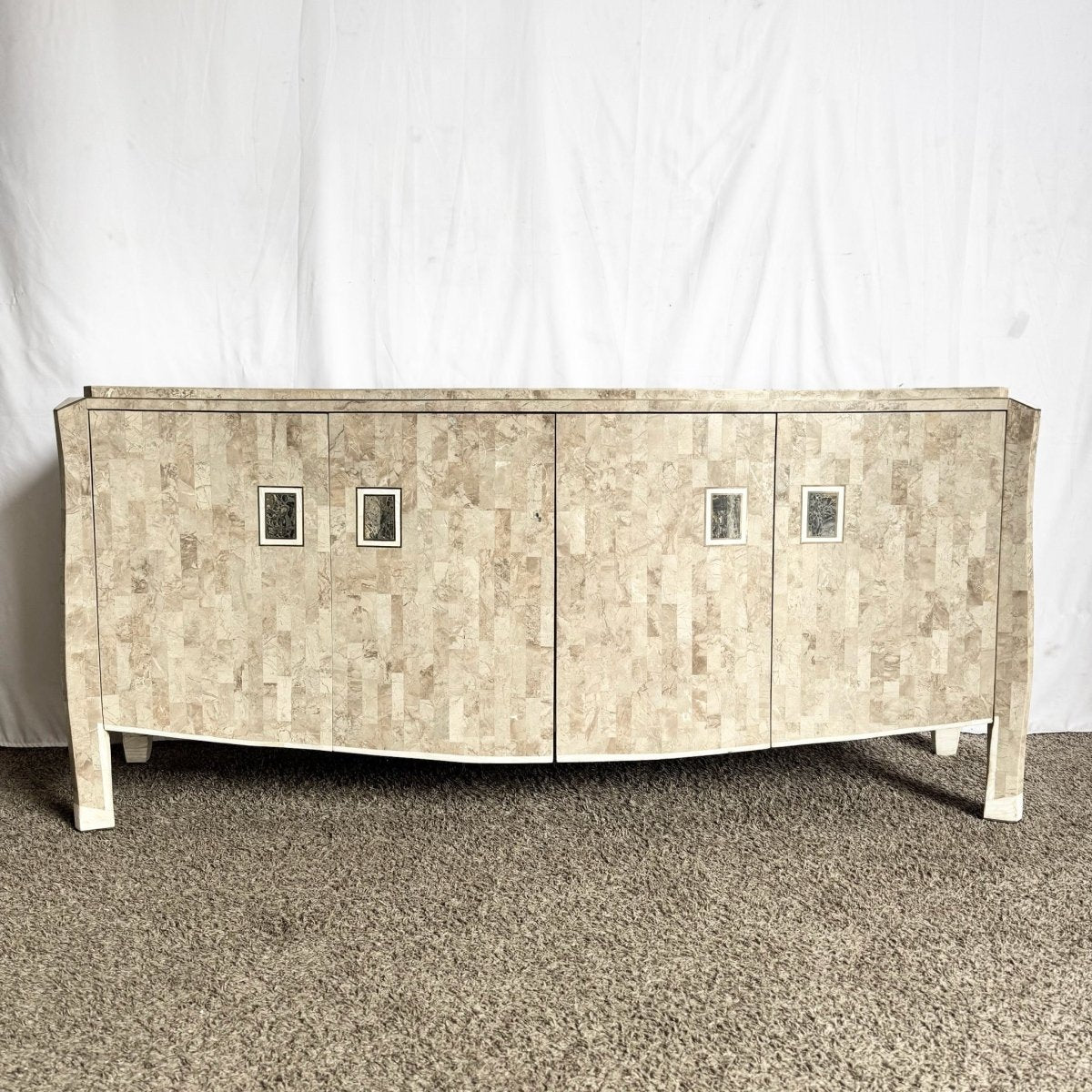 Postmodern Maitland Smith Style Tessellated Stone Credenza With Brass Inlay - Dolphin & Flamingo