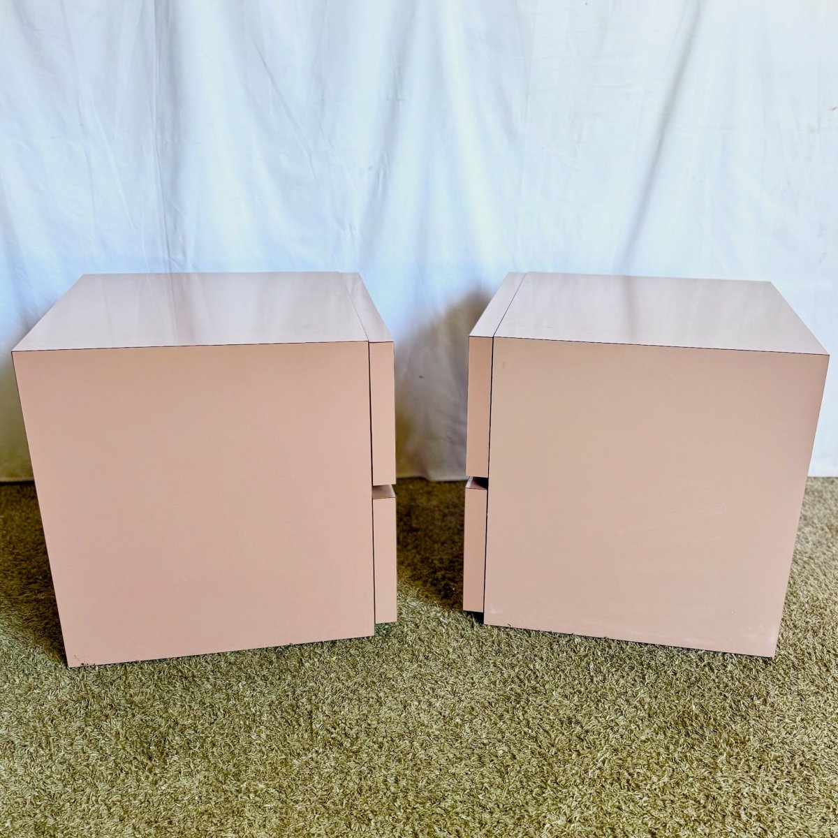 Postmodern Mauve Lacquer Laminate Block Nightstands/Side Tables - A Pair - Dolphin & Flamingo