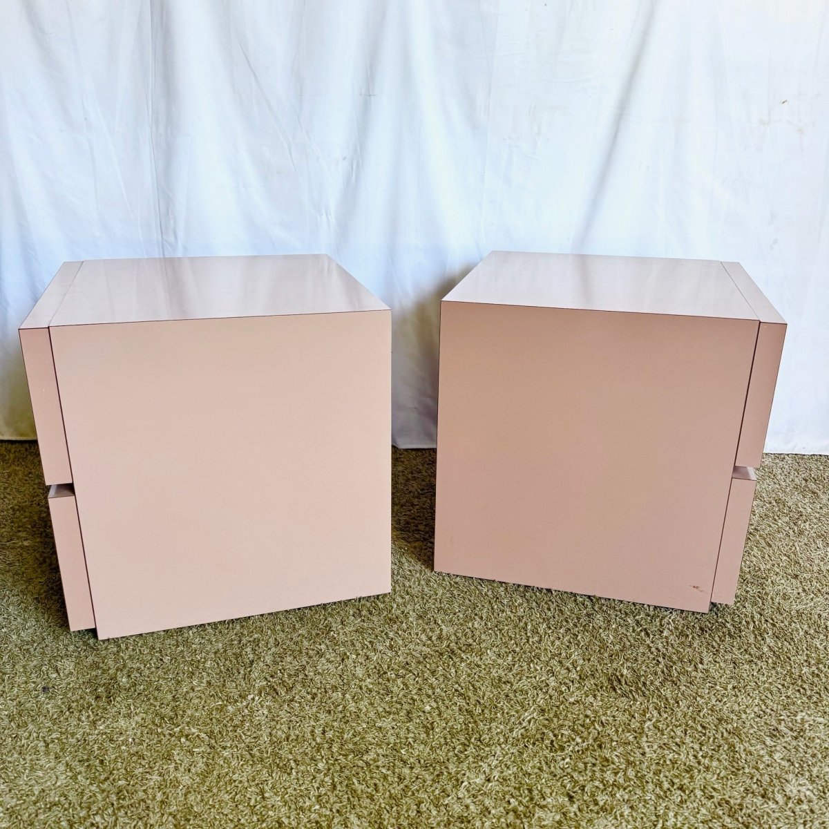 Postmodern Mauve Lacquer Laminate Block Nightstands/Side Tables - A Pair - Dolphin & Flamingo