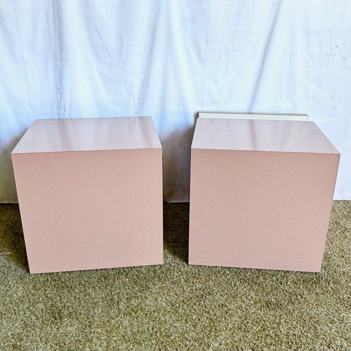 Postmodern Mauve Lacquer Laminate Block Nightstands/Side Tables - A Pair - Dolphin & Flamingo