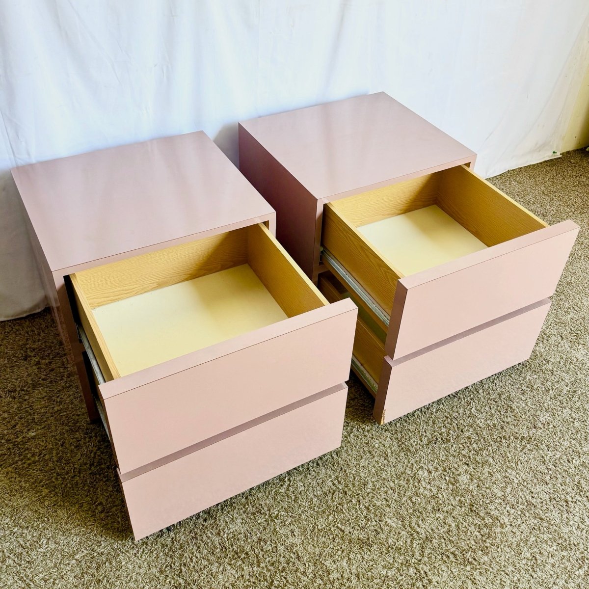 Postmodern Mauve Lacquer Laminate Block Nightstands/Side Tables - A Pair - Dolphin & Flamingo