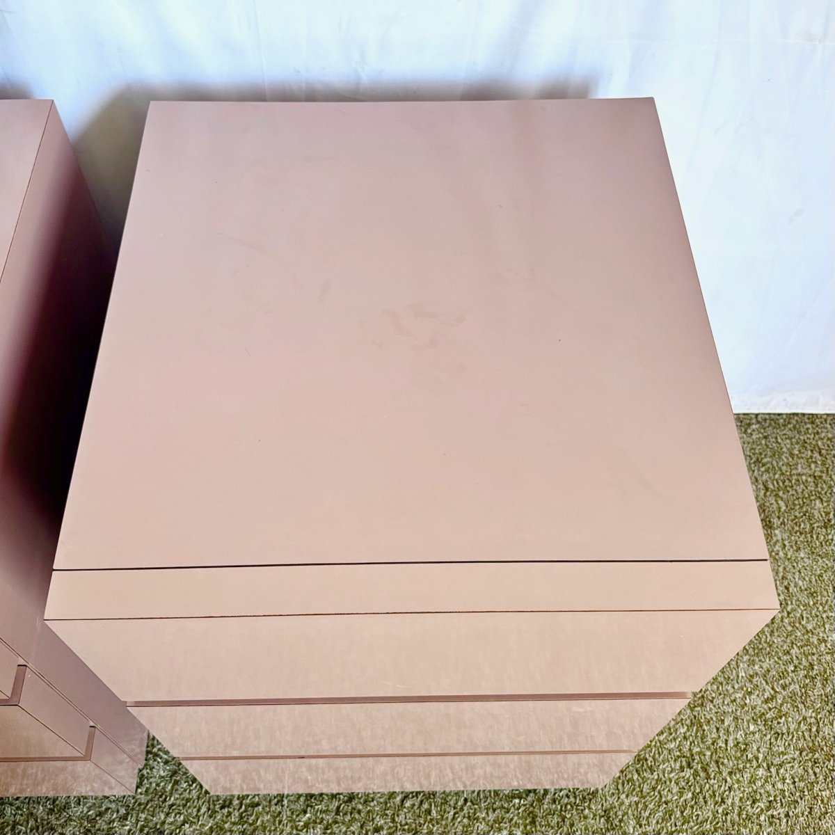 Postmodern Mauve Lacquer Laminate Cubic Commodes/Chests of Drawers/Nightstands - Dolphin & Flamingo