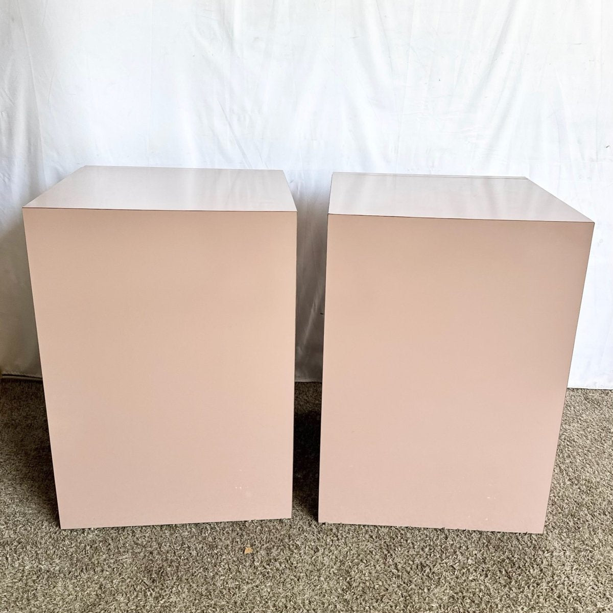 Postmodern Mauve Lacquer Laminate Cubic Commodes/Chests of Drawers/Nightstands - Dolphin & Flamingo