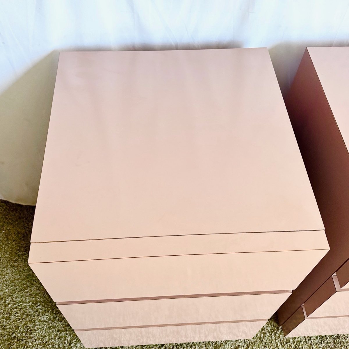Postmodern Mauve Lacquer Laminate Cubic Commodes/Chests of Drawers/Nightstands - Dolphin & Flamingo