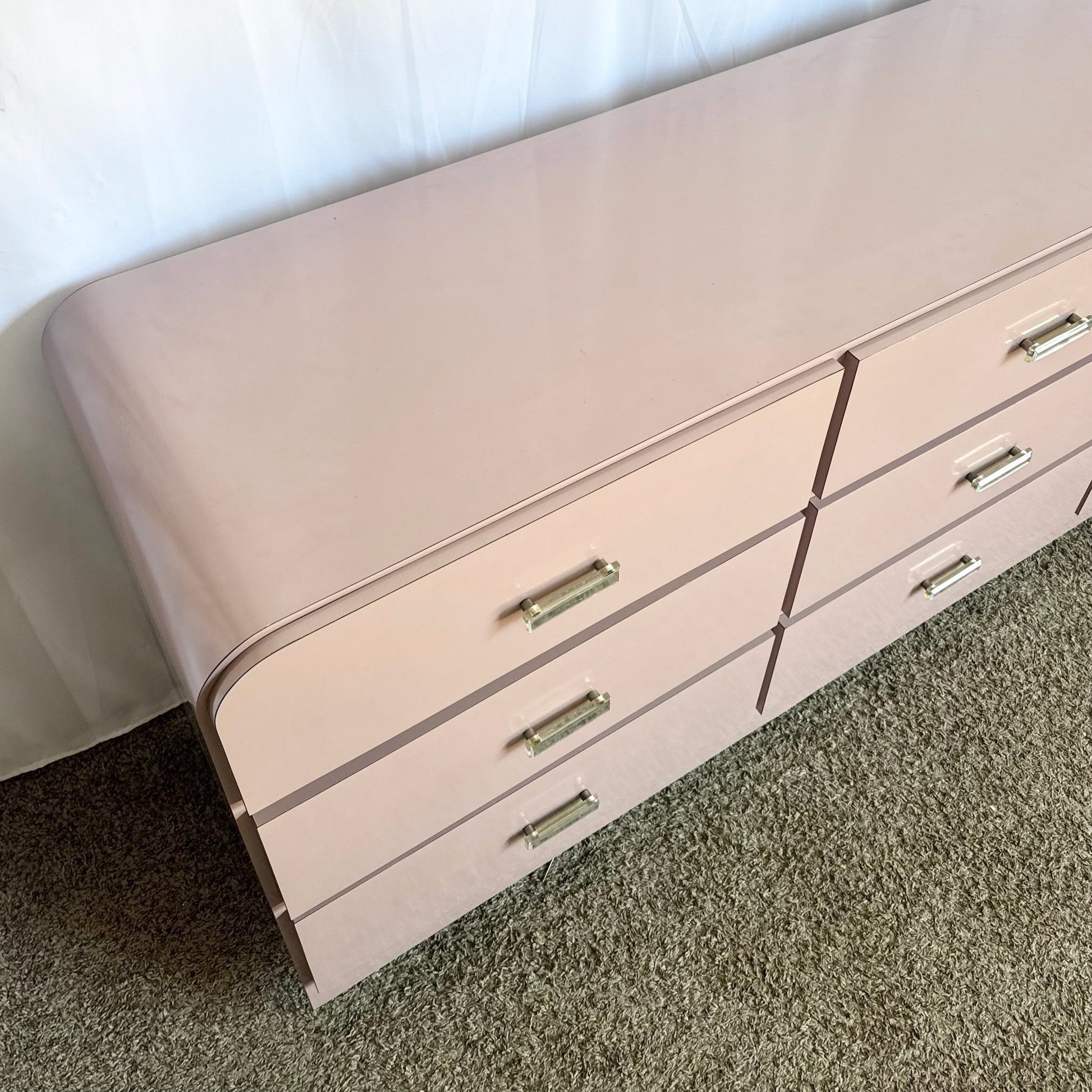 Postmodern Mauve Lacquer Laminate Waterfall Dresser With Lucite Handles - Dolphin & Flamingo