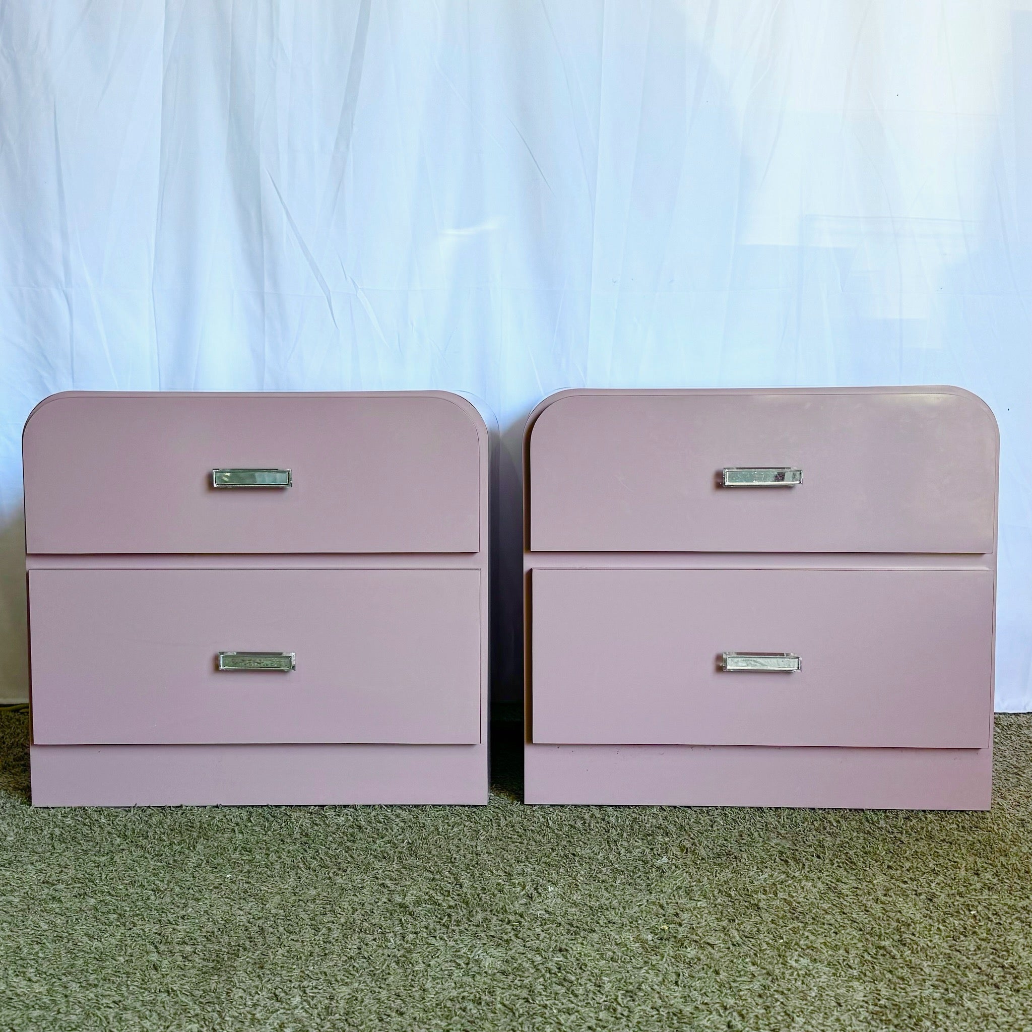 Postmodern Mauve Laminate Waterfall Nighstands With Lucite Handles - A Pair - Dolphin & Flamingo