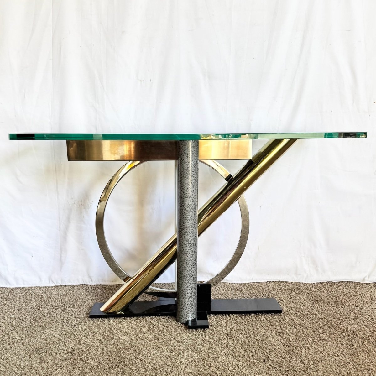 Postmodern Mixed - Metal and Glass Console Table by Kaizo Oto for Design Institute of America - Dolphin & Flamingo
