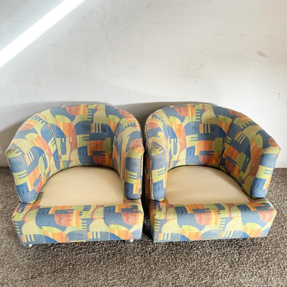 Postmodern Multi Color Barrel Chairs in Chrome Casters - Dolphin & Flamingo