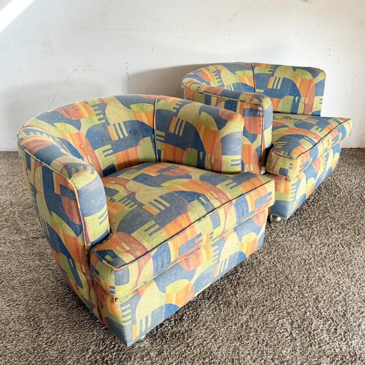 Postmodern Multi Color Barrel Chairs in Chrome Casters - Dolphin & Flamingo