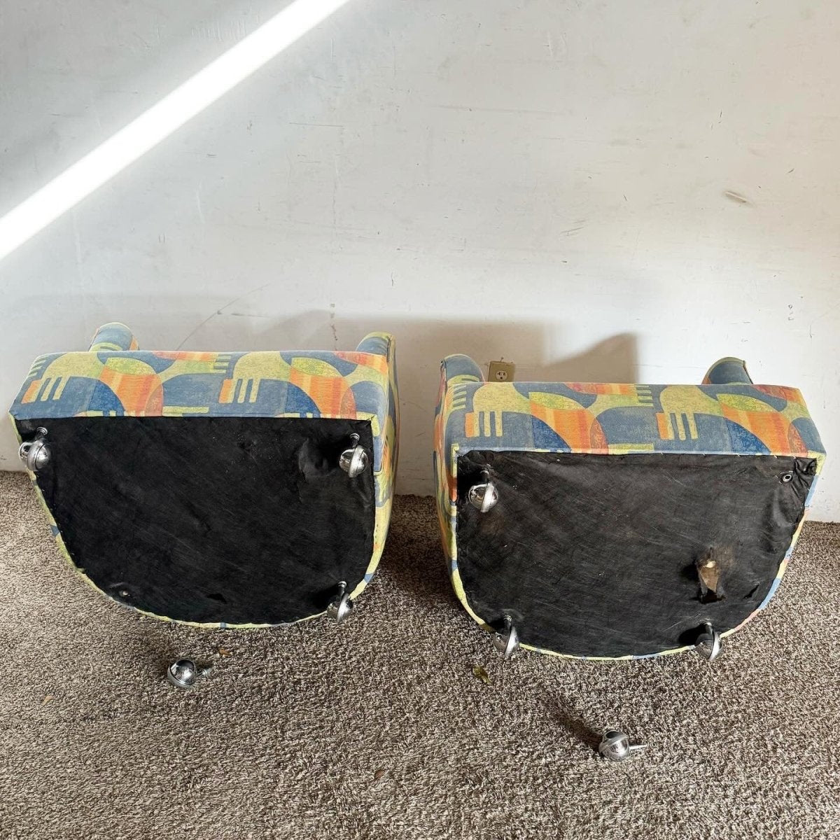 Postmodern Multi Color Barrel Chairs in Chrome Casters - Dolphin & Flamingo