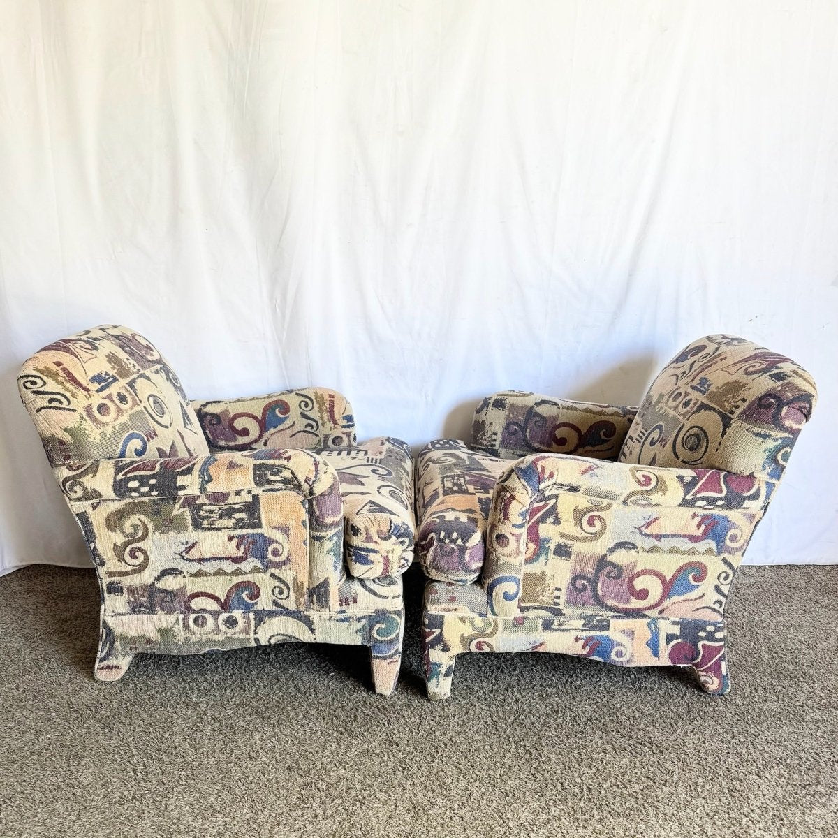 Postmodern Multi Colored Abstract Pattern Lounge Chairs - A Pair - Dolphin & Flamingo