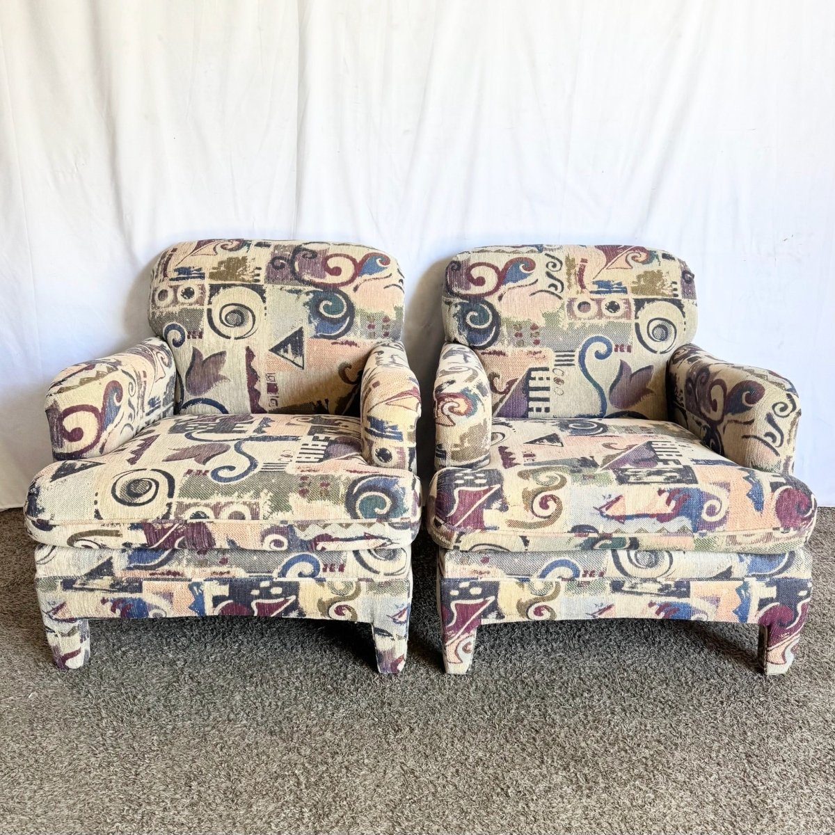 Postmodern Multi Colored Abstract Pattern Lounge Chairs - A Pair - Dolphin & Flamingo
