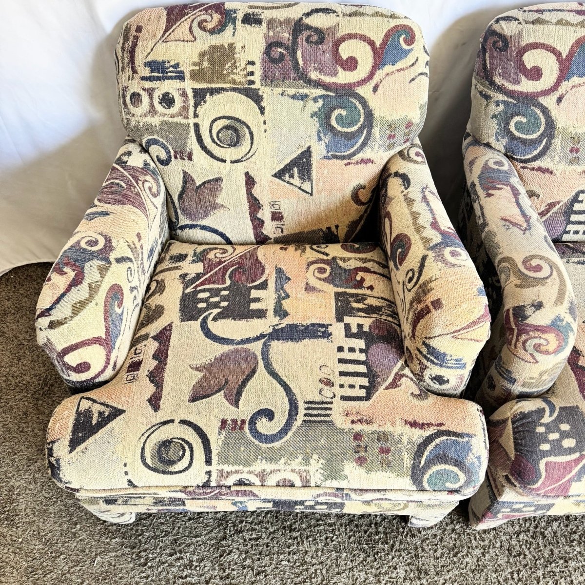 Postmodern Multi Colored Abstract Pattern Lounge Chairs - A Pair - Dolphin & Flamingo