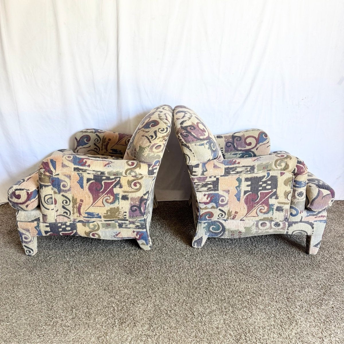 Postmodern Multi Colored Abstract Pattern Lounge Chairs - A Pair - Dolphin & Flamingo