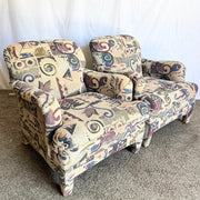 Postmodern Multi Colored Abstract Pattern Lounge Chairs - A Pair - Dolphin & Flamingo