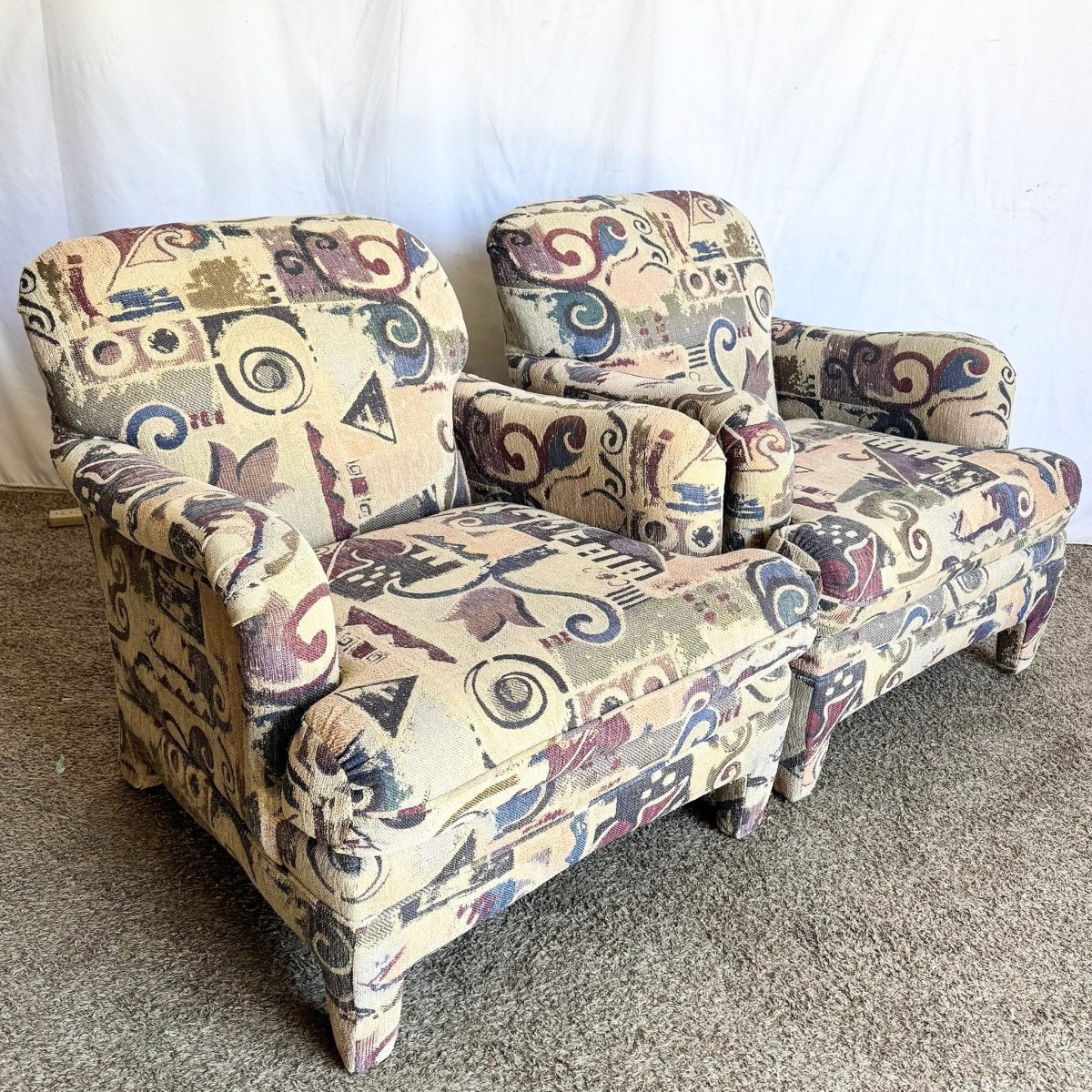 Postmodern Multi Colored Abstract Pattern Lounge Chairs - A Pair - Dolphin & Flamingo