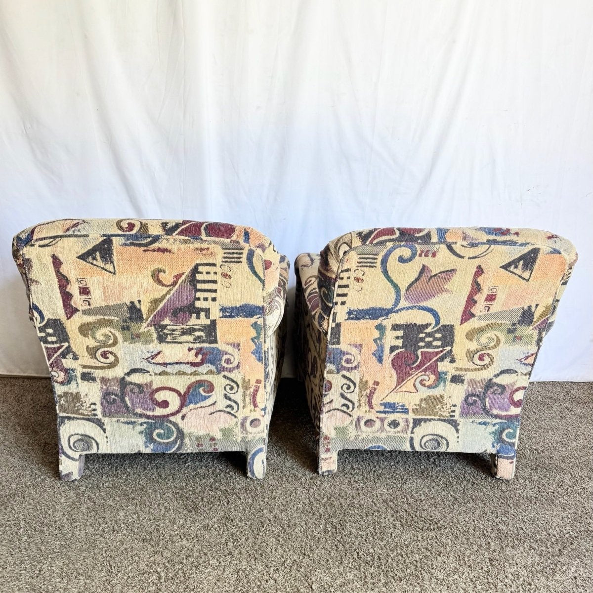 Postmodern Multi Colored Abstract Pattern Lounge Chairs - A Pair - Dolphin & Flamingo