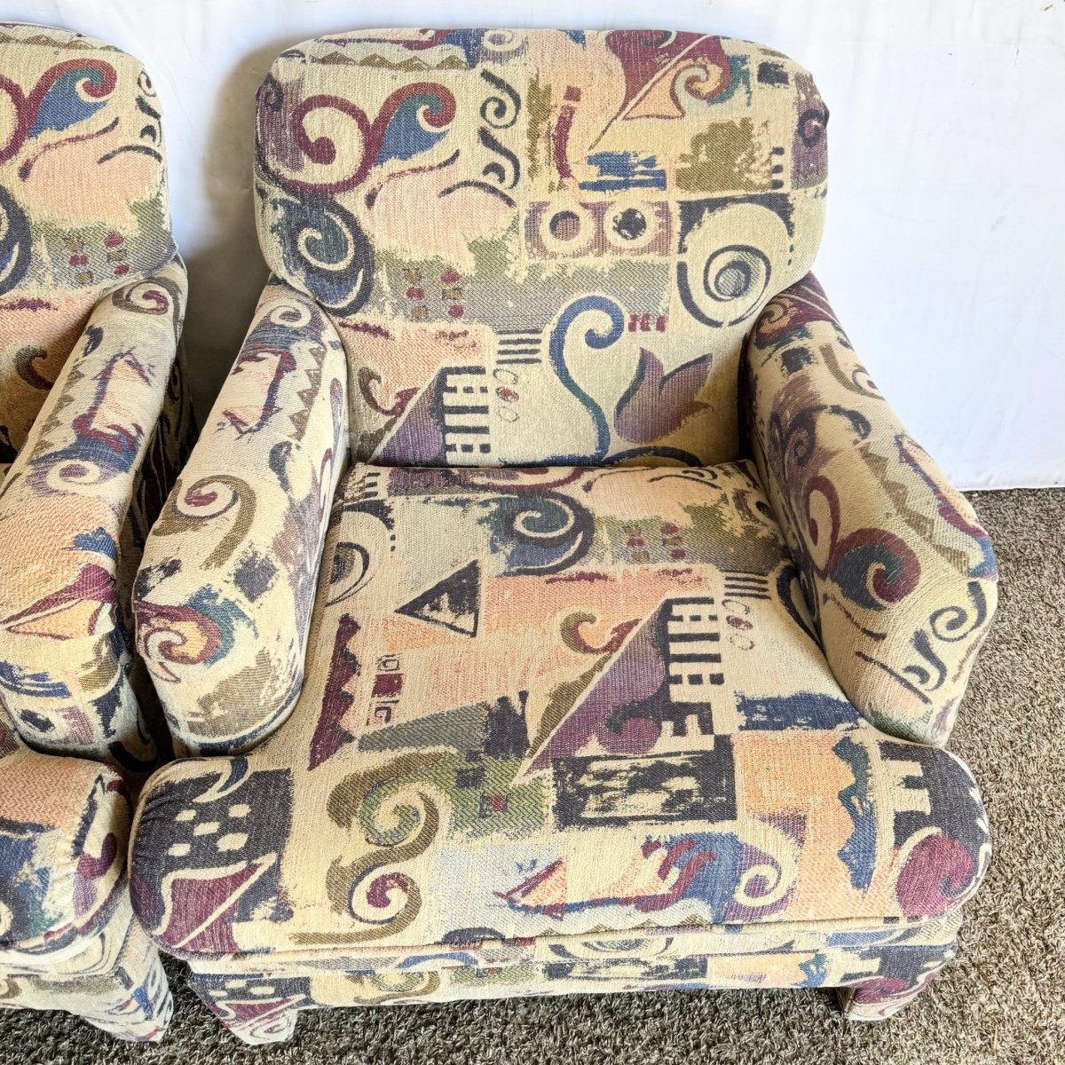 Postmodern Multi Colored Abstract Pattern Lounge Chairs - A Pair - Dolphin & Flamingo
