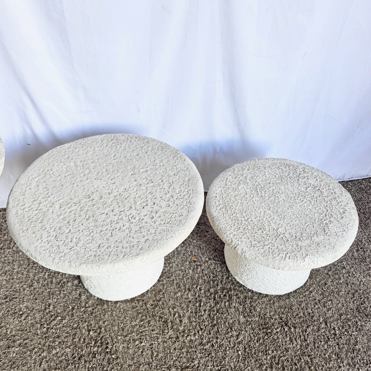 Postmodern Off White Stucco Mushroom Nesting Side Tables - Set of 3 - Dolphin & Flamingo