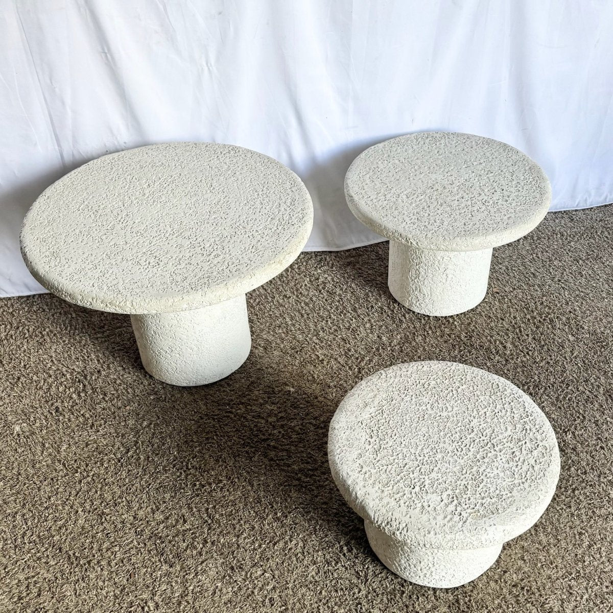Postmodern Off White Stucco Mushroom Nesting Side Tables - Set of 3 - Dolphin & Flamingo