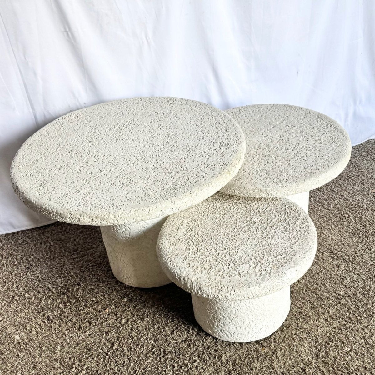 Postmodern Off White Stucco Mushroom Nesting Side Tables - Set of 3 - Dolphin & Flamingo