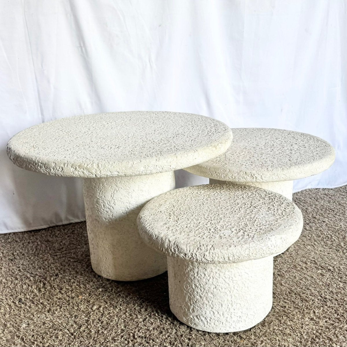 Postmodern Off White Stucco Mushroom Nesting Side Tables - Set of 3 - Dolphin & Flamingo
