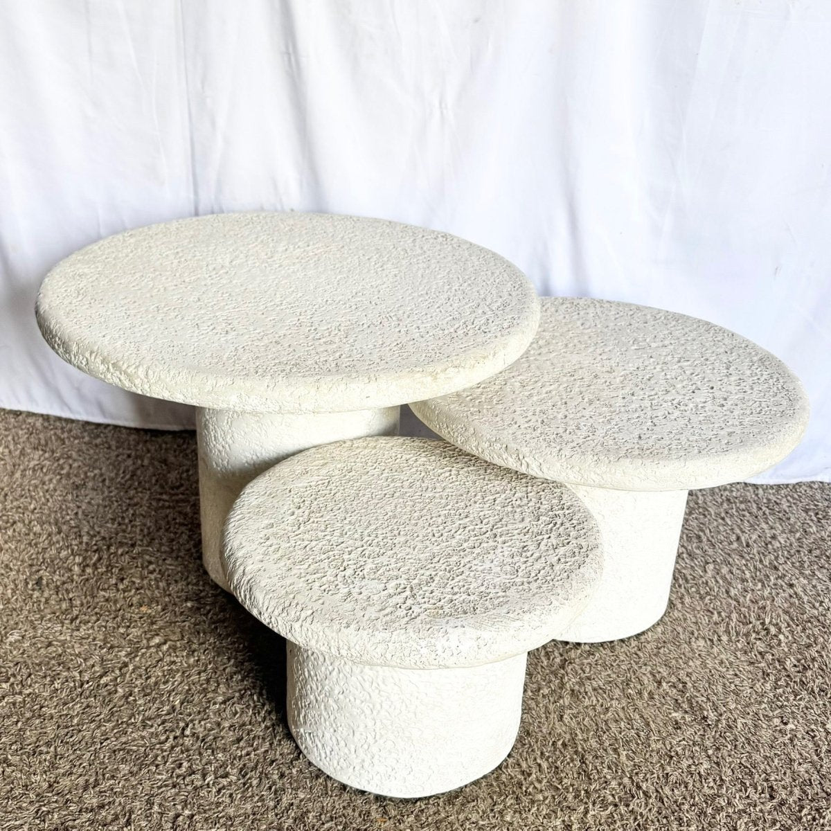 Postmodern Off White Stucco Mushroom Nesting Side Tables - Set of 3 - Dolphin & Flamingo