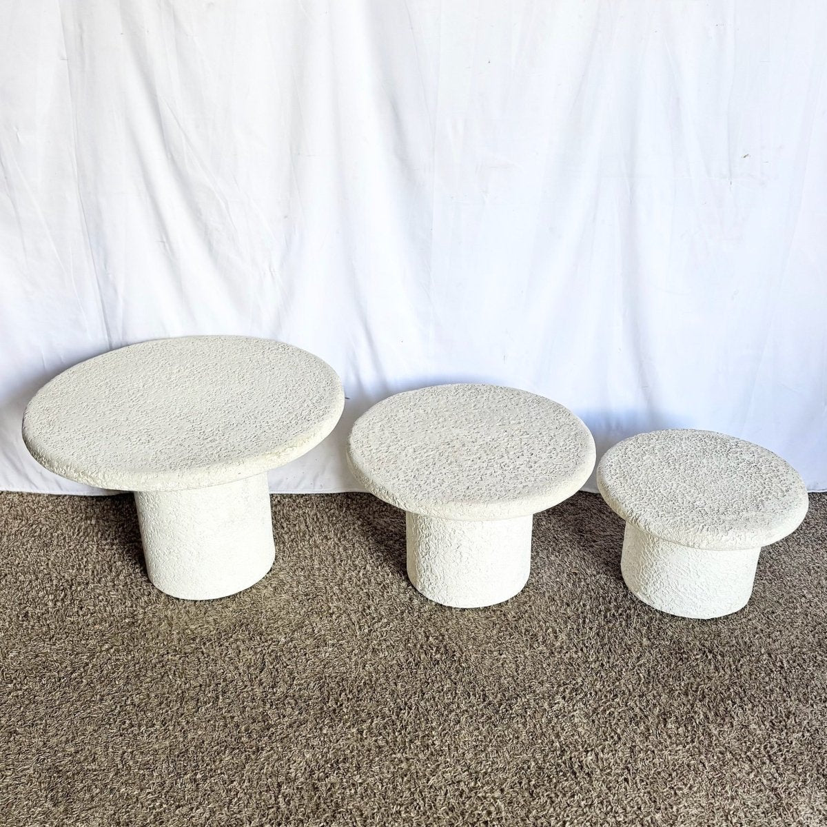 Postmodern Off White Stucco Mushroom Nesting Side Tables - Set of 3 - Dolphin & Flamingo