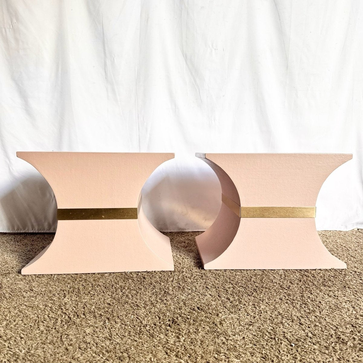 Postmodern Pink and Gold Grass Cloth Side Tables - A Pair - Dolphin & Flamingo