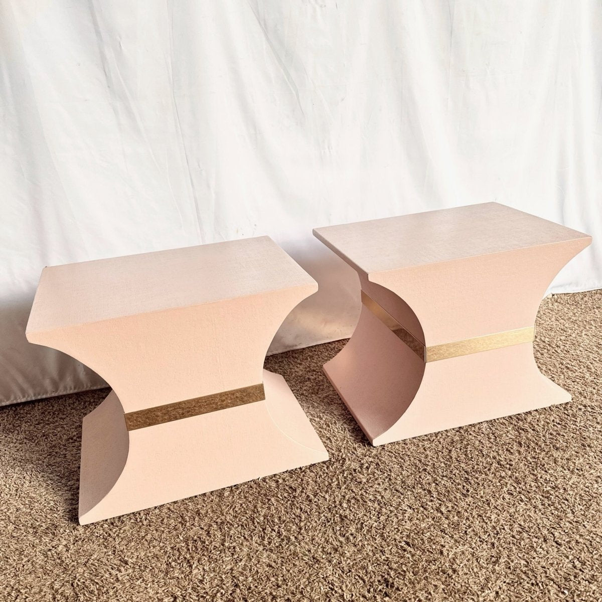 Postmodern Pink and Gold Grass Cloth Side Tables - A Pair - Dolphin & Flamingo