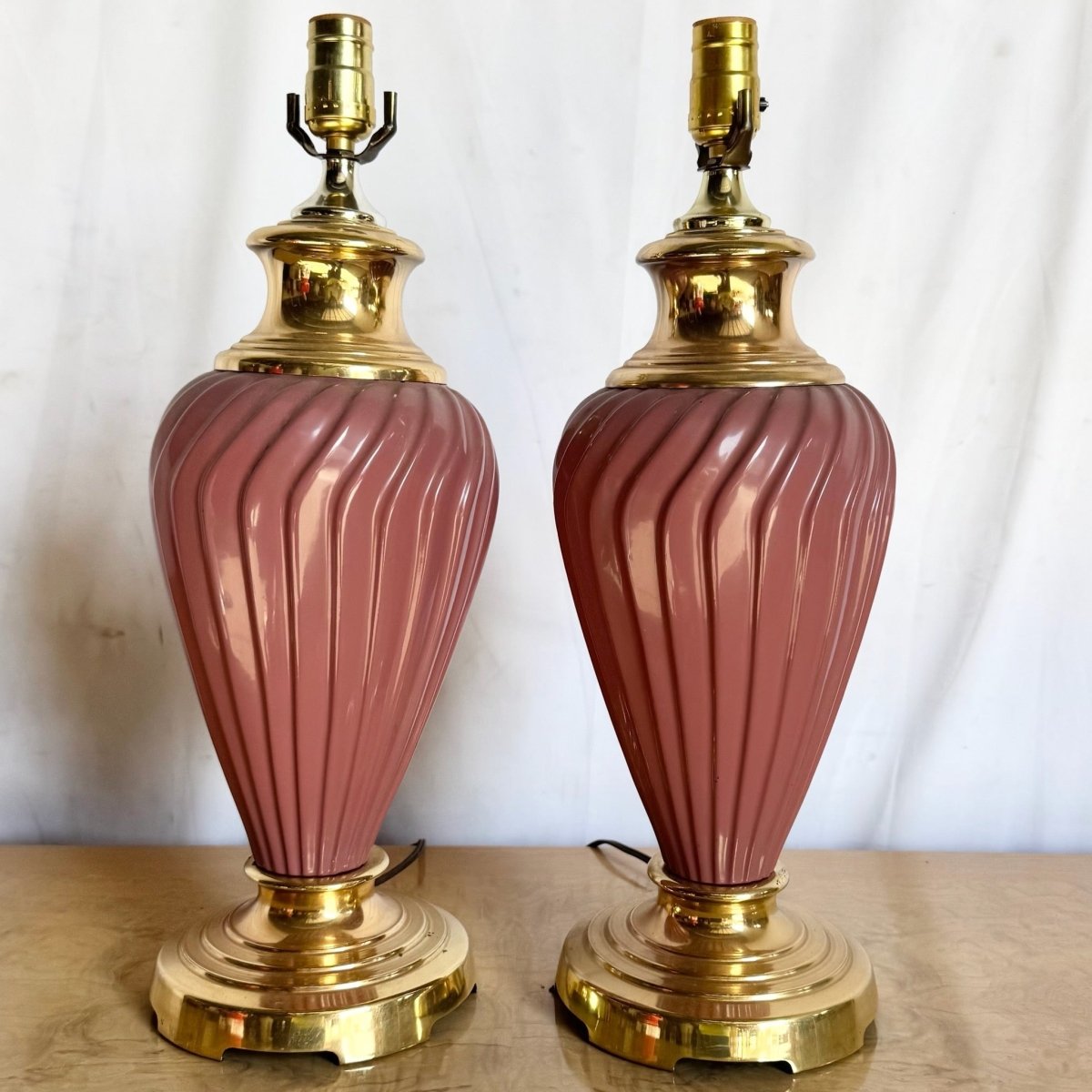 Postmodern Pink Glass Swirl and Gold Table Lamps - A Pair - Dolphin & Flamingo