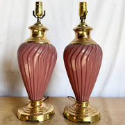 Postmodern Pink Glass Swirl and Gold Table Lamps - A Pair - Dolphin & Flamingo