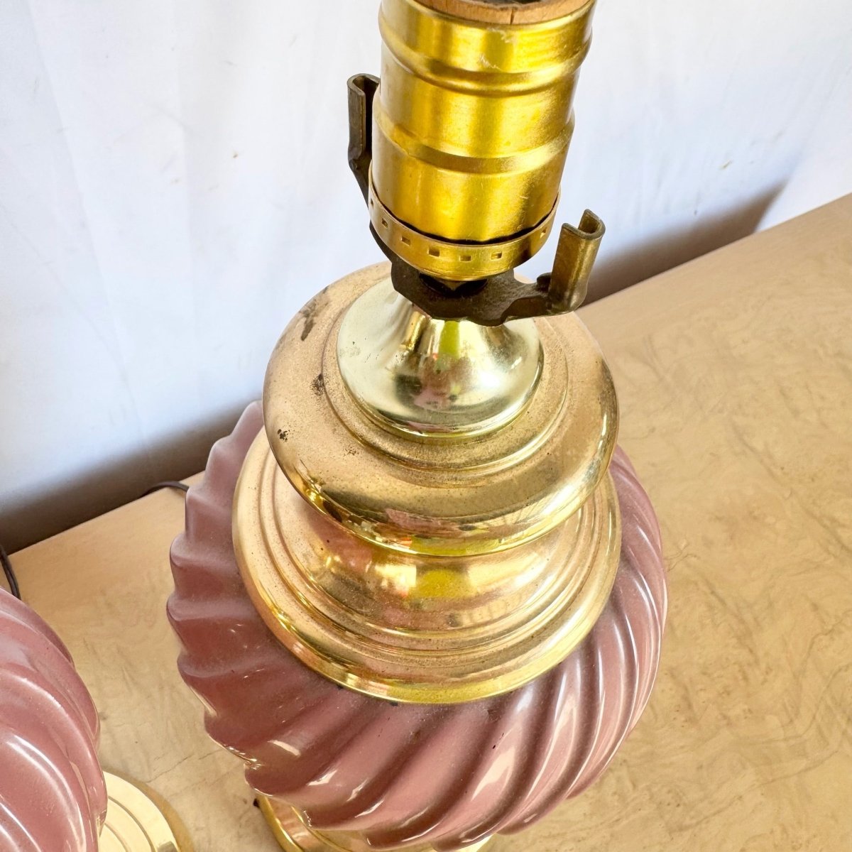 Postmodern Pink Glass Swirl and Gold Table Lamps - A Pair - Dolphin & Flamingo