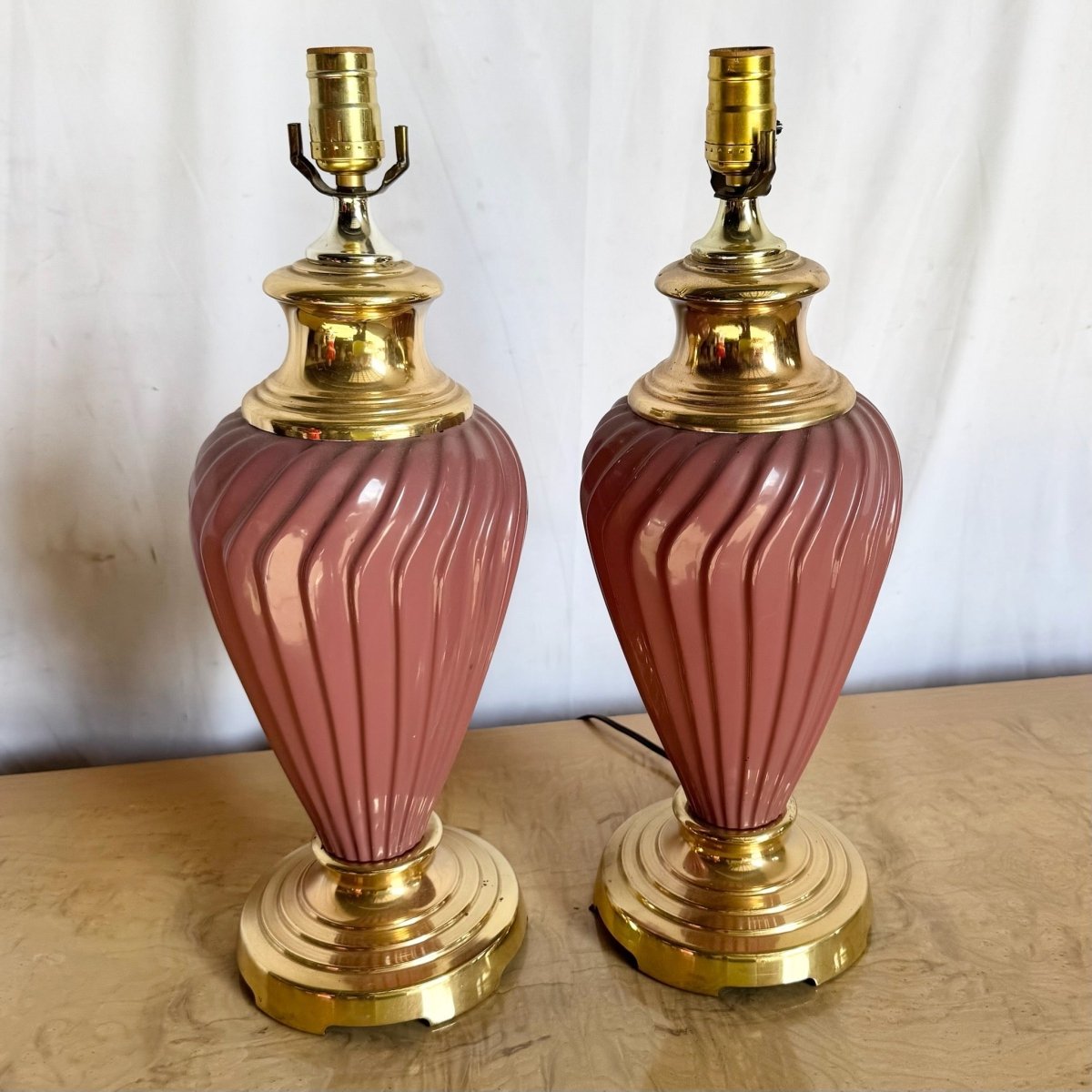 Postmodern Pink Glass Swirl and Gold Table Lamps - A Pair - Dolphin & Flamingo