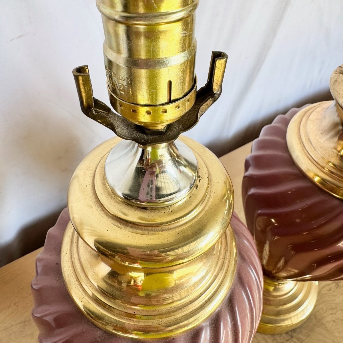 Postmodern Pink Glass Swirl and Gold Table Lamps - A Pair - Dolphin & Flamingo