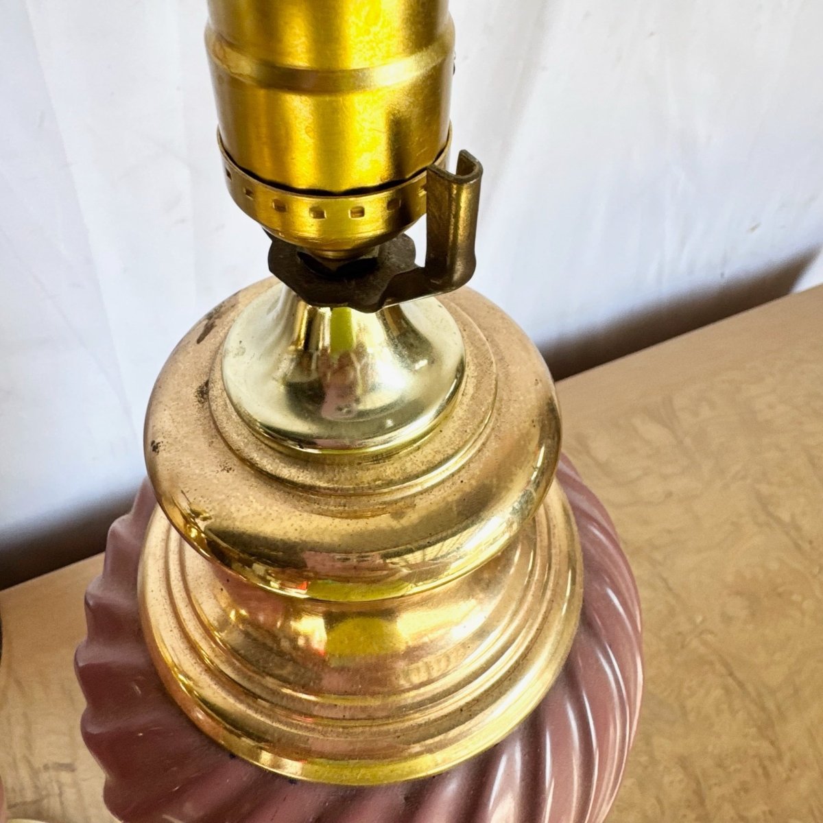 Postmodern Pink Glass Swirl and Gold Table Lamps - A Pair - Dolphin & Flamingo