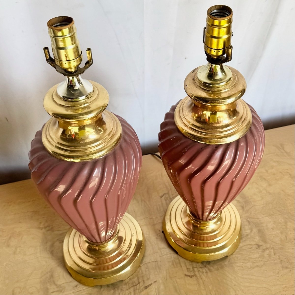 Postmodern Pink Glass Swirl and Gold Table Lamps - A Pair - Dolphin & Flamingo