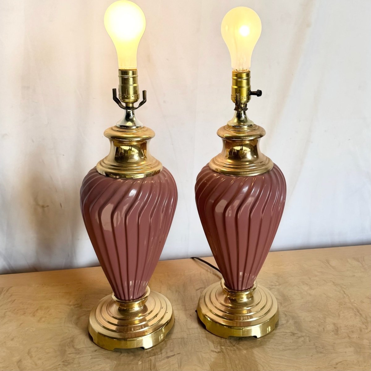 Postmodern Pink Glass Swirl and Gold Table Lamps - A Pair - Dolphin & Flamingo